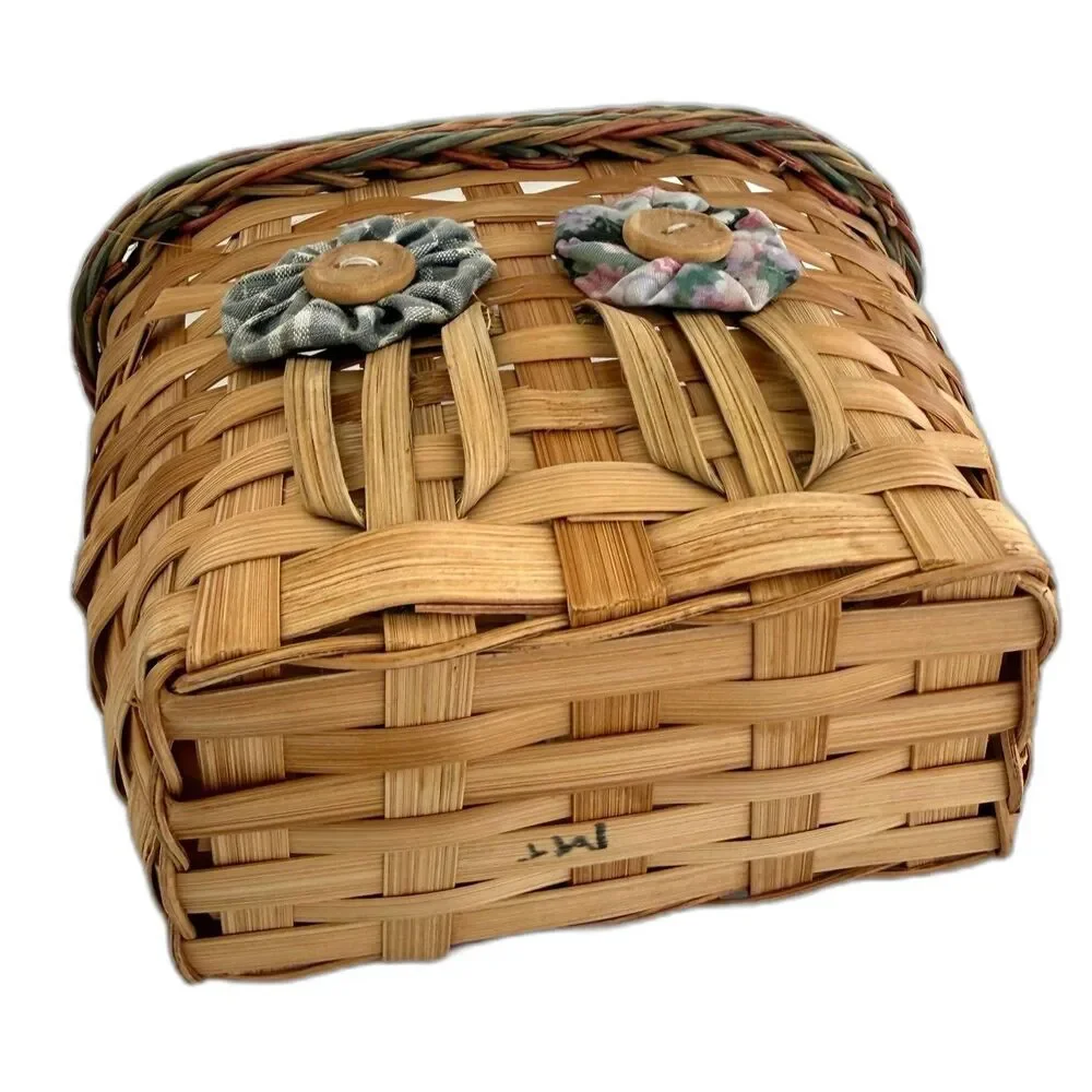 Vintage Woven Hand Made Hanging Wall Door Basket with YoYo Flowers Buttons